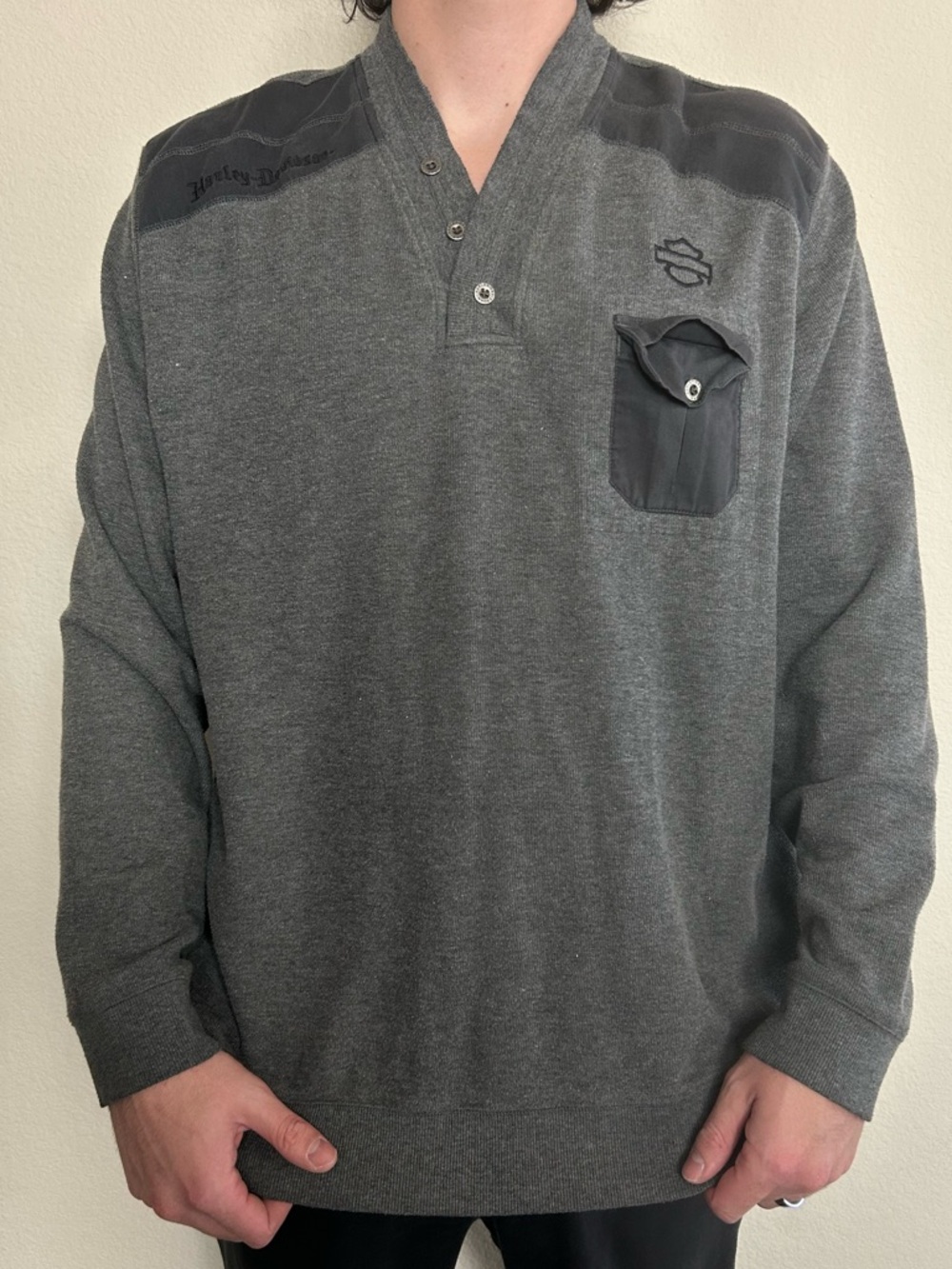 Harley Davidson Sweater Men's Gray 1/4 Button Pocket Sweatshirt Size 2XL